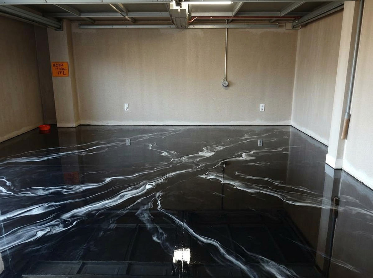 Glossy metallic epoxy garage floor after Sky Coatings install
