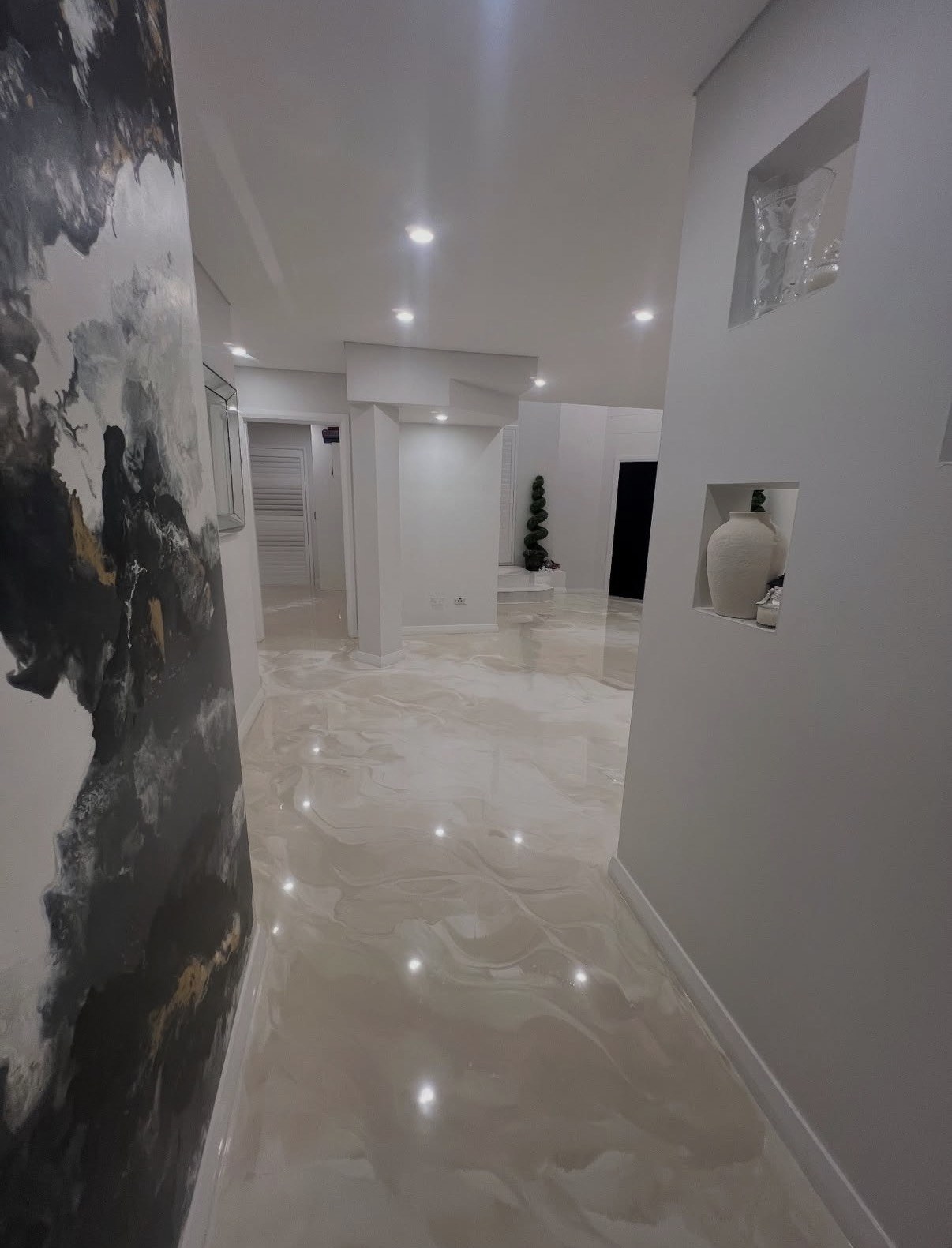 Cream pearl metallic epoxy hallway